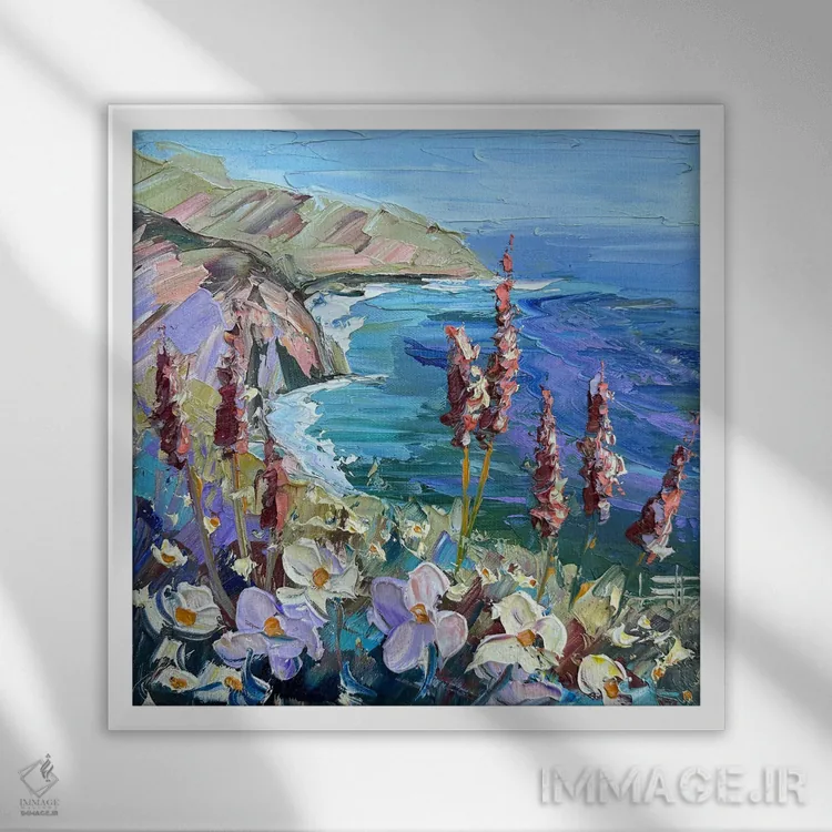 تابلو دکوراتیو رنگ های اسطوخودوسی ساحل اثر لیزا الی - نمای قابدار سفید