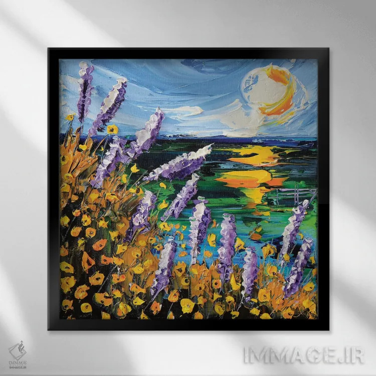 تابلو دکوراتیو گل لوپین خلیج مونتری اثر لیزا الی - نمای قابدار مشکی