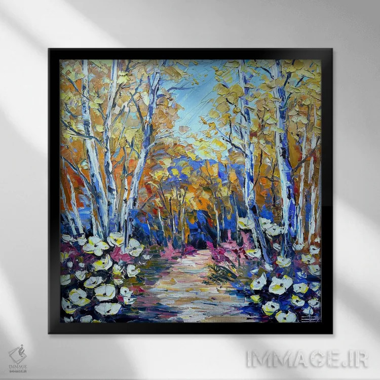 تابلو دکوراتیو جنگل کهربایی اثر لیزا الی - نمای قابدار مشکی