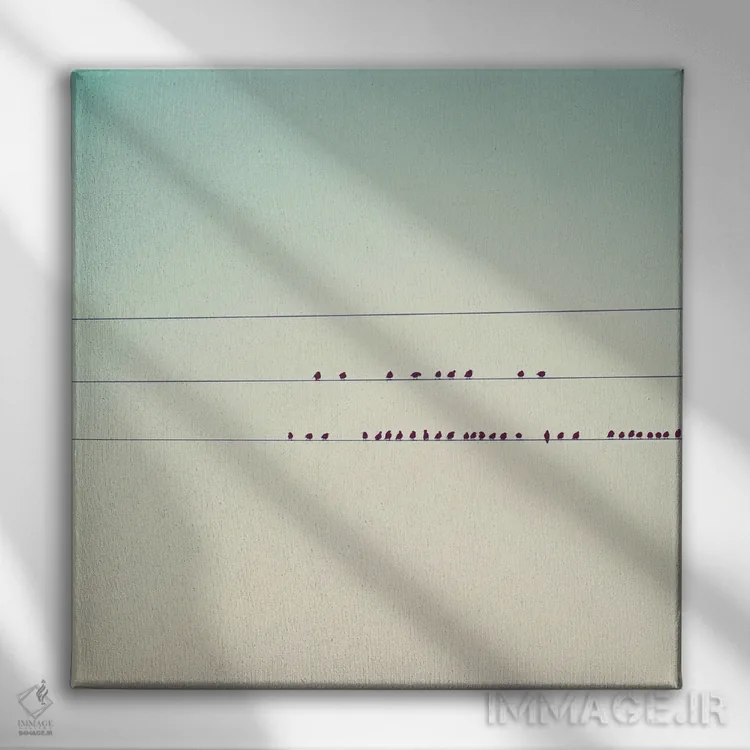 تابلو مدرن سی و هفت پرنده کوچک نشسته در یک صف اثر لورا ایوانز - نمای روبهرو روی دیوار