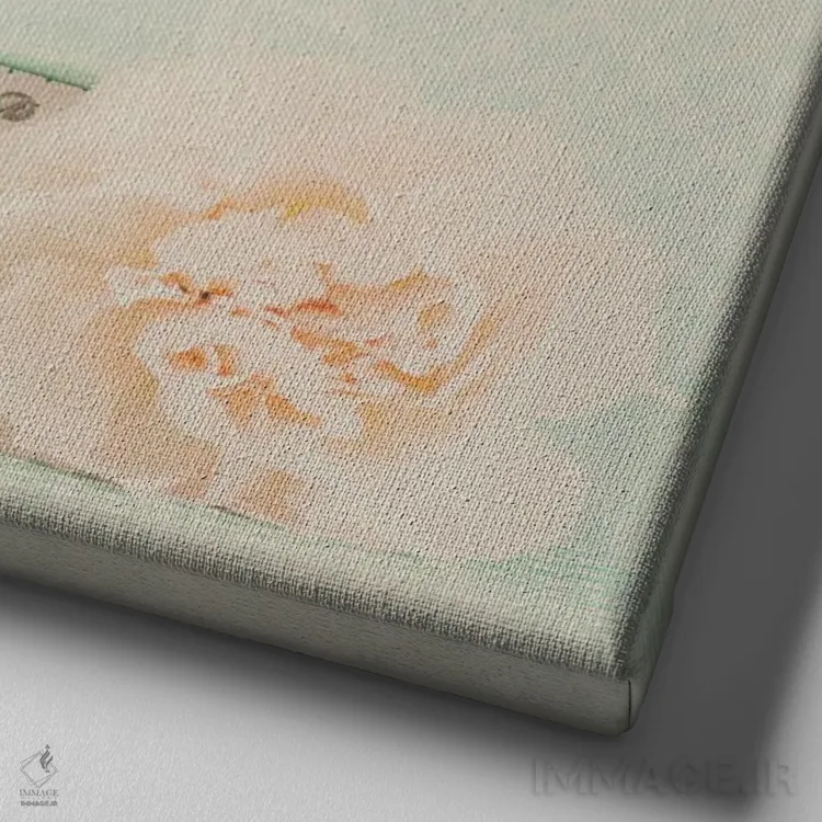 تابلو دکوراتیو گل های هلو و دوربین سبز نعنایی اثر لورا ایوانز - نمای نزدیک بافت بوم