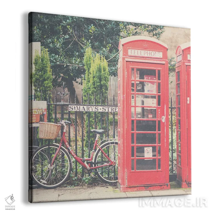 تابلو دکوراتیو یک دوچرخه قرمز و باجه های تلفن اثر لورا ایوانز - نمای پرسپکتیو محصول