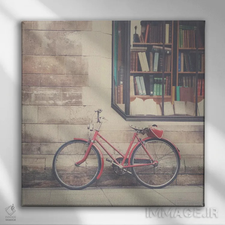 تابلو دکوراتیو یک دوچرخه قرمز قدیمی و کتابفروشی اثر لورا ایوانز - نمای روبهرو روی دیوار
