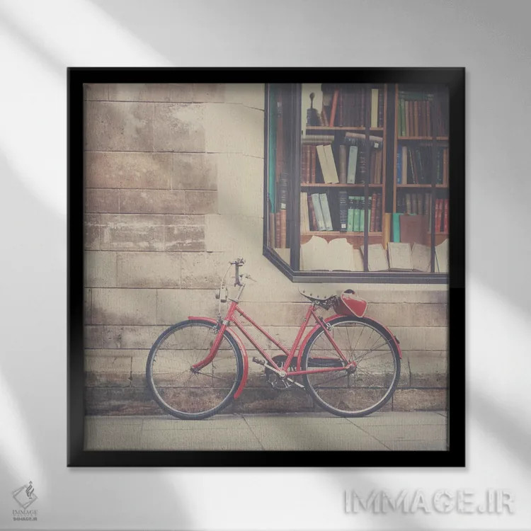 تابلو دکوراتیو یک دوچرخه قرمز قدیمی و کتابفروشی اثر لورا ایوانز - نمای قابدار مشکی