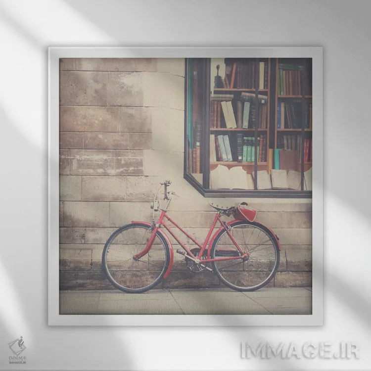 تابلو دکوراتیو یک دوچرخه قرمز قدیمی و کتابفروشی اثر لورا ایوانز - نمای قابدار سفید
