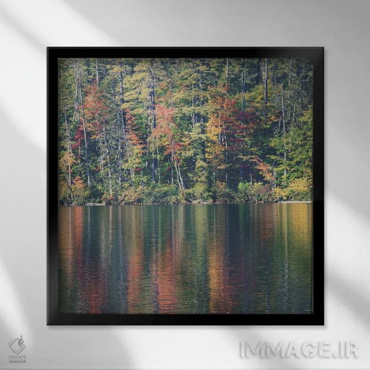 تابلو دکوراتیو برگ های پاییزی منعکس در دریاچه چوکوروا نیوهمپشایر اثر لورا ایوانز - نمای قابدار مشکی