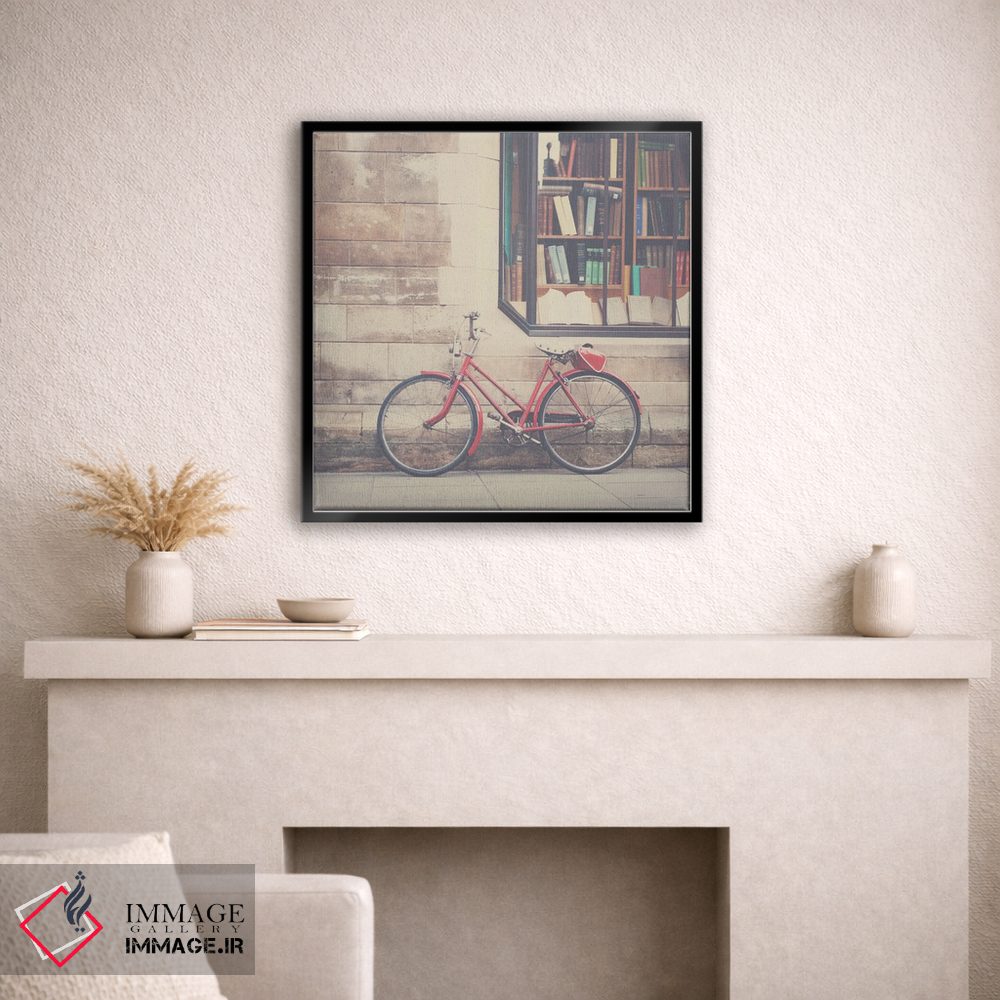 تابلو دکوراتیو یک دوچرخه قرمز قدیمی و کتابفروشی اثر لورا ایوانز - D1B