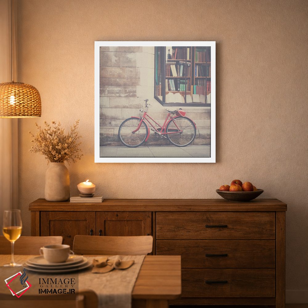 تابلو دکوراتیو یک دوچرخه قرمز قدیمی و کتابفروشی اثر لورا ایوانز - D4W
