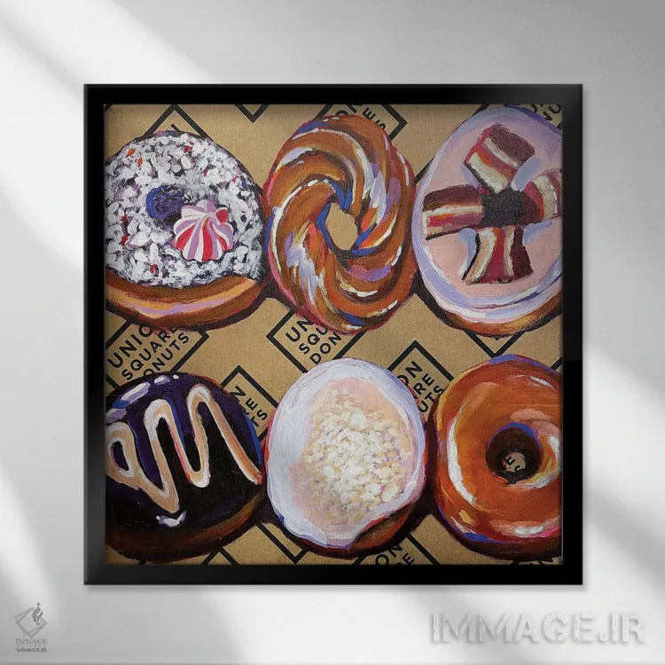 تابلو دکوراتیو دونات ها روی جعبه اثر لورل گرینفیلد - نمای قابدار مشکی