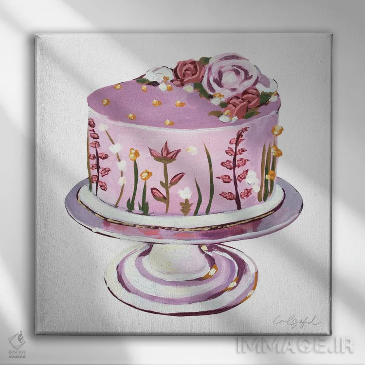تابلو دکوراتیو کیک گل ظریف صورتی اثر لورل گرینفیلد - نمای روبهرو روی دیوار