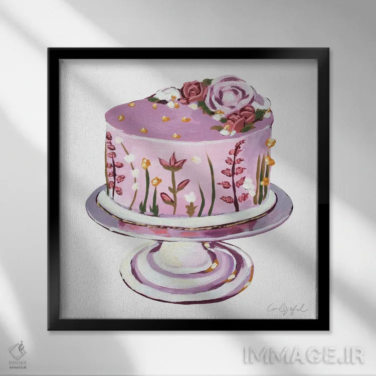 تابلو دکوراتیو کیک گل ظریف صورتی اثر لورل گرینفیلد - نمای قابدار مشکی