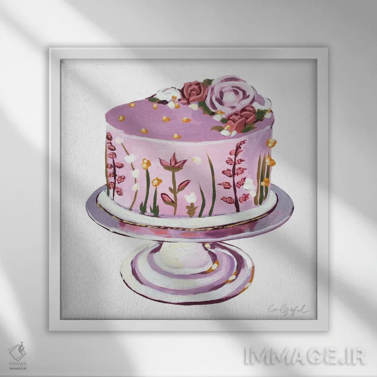 تابلو دکوراتیو کیک گل ظریف صورتی اثر لورل گرینفیلد - نمای قابدار سفید