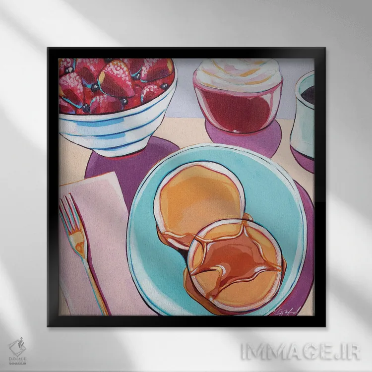 تابلو دکوراتیو پنکیک و توت فرنگی اثر لورل گرینفیلد - نمای قابدار مشکی