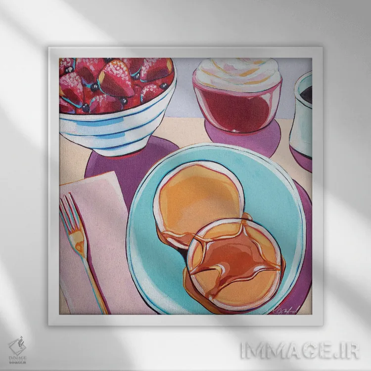 تابلو دکوراتیو پنکیک و توت فرنگی اثر لورل گرینفیلد - نمای قابدار سفید