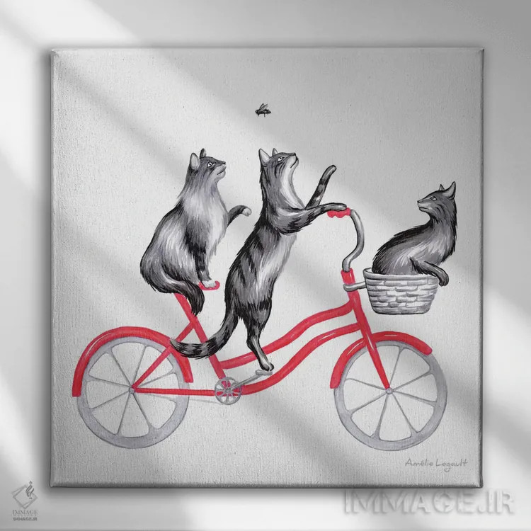 تابلو دکوراتیو گربه ها روی دوچرخه اثر آملی لگو - نمای روبهرو روی دیوار