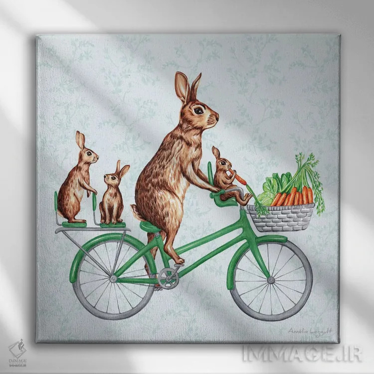 تابلو دکوراتیو خرگوش ها روی دوچرخه اثر آملی لگو - نمای روبهرو روی دیوار
