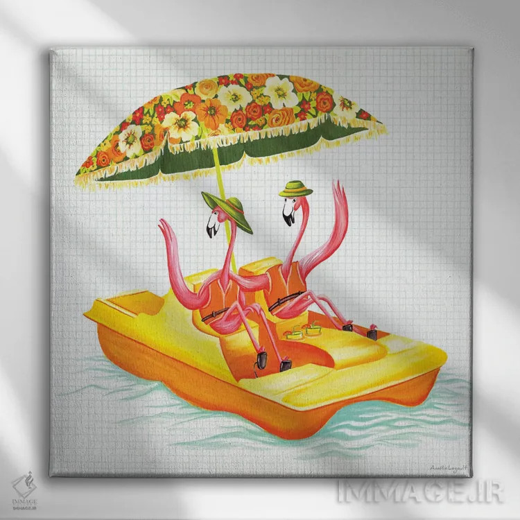 تابلو دکوراتیو فلامینگوها در قایق پدالی اثر آملی لگو - نمای روبهرو روی دیوار