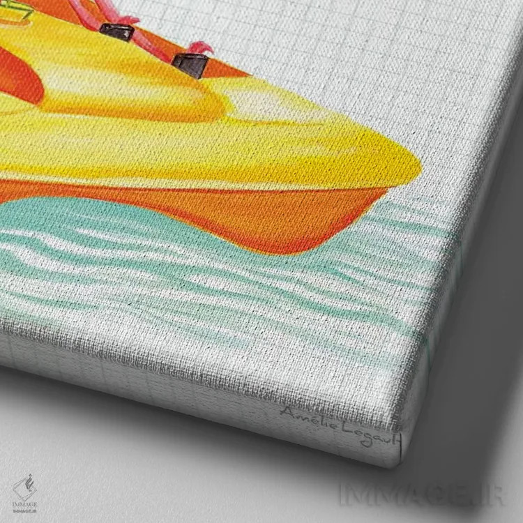 تابلو دکوراتیو فلامینگوها در قایق پدالی اثر آملی لگو - نمای نزدیک بافت بوم