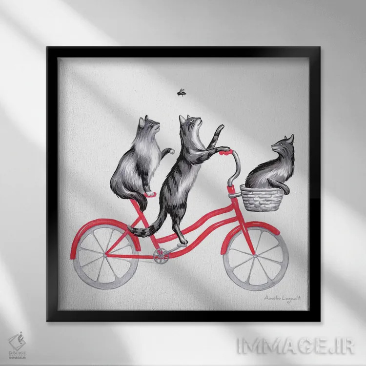 تابلو دکوراتیو گربه ها روی دوچرخه اثر آملی لگو - نمای قابدار مشکی