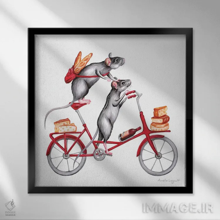 تابلو دکوراتیو موش ها روی دوچرخه اثر آملی لگو - نمای قابدار مشکی