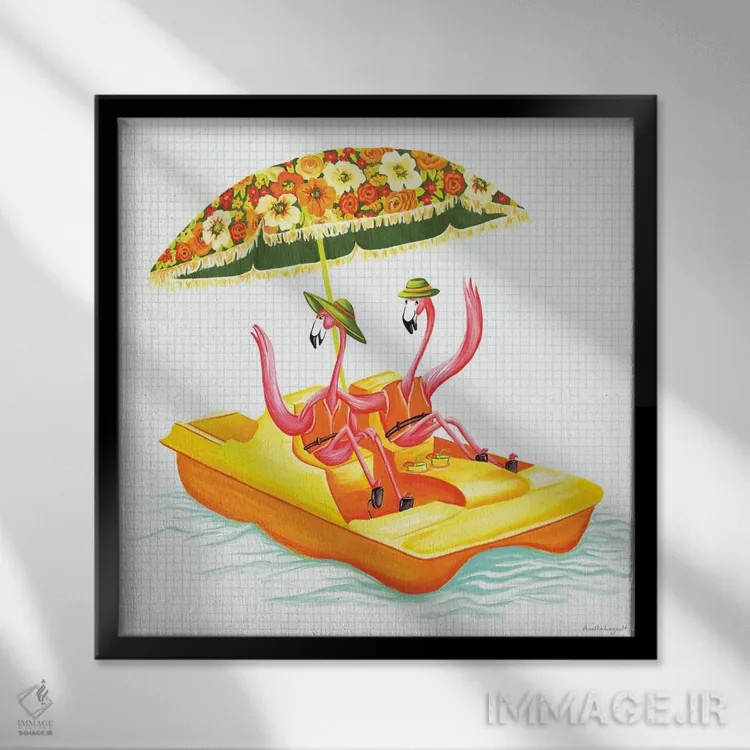 تابلو دکوراتیو فلامینگوها در قایق پدالی اثر آملی لگو - نمای قابدار مشکی