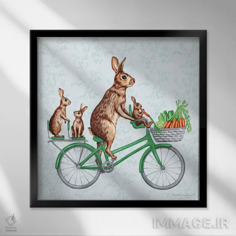 تابلو دکوراتیو خرگوش ها روی دوچرخه اثر آملی لگو - نمای قابدار مشکی
