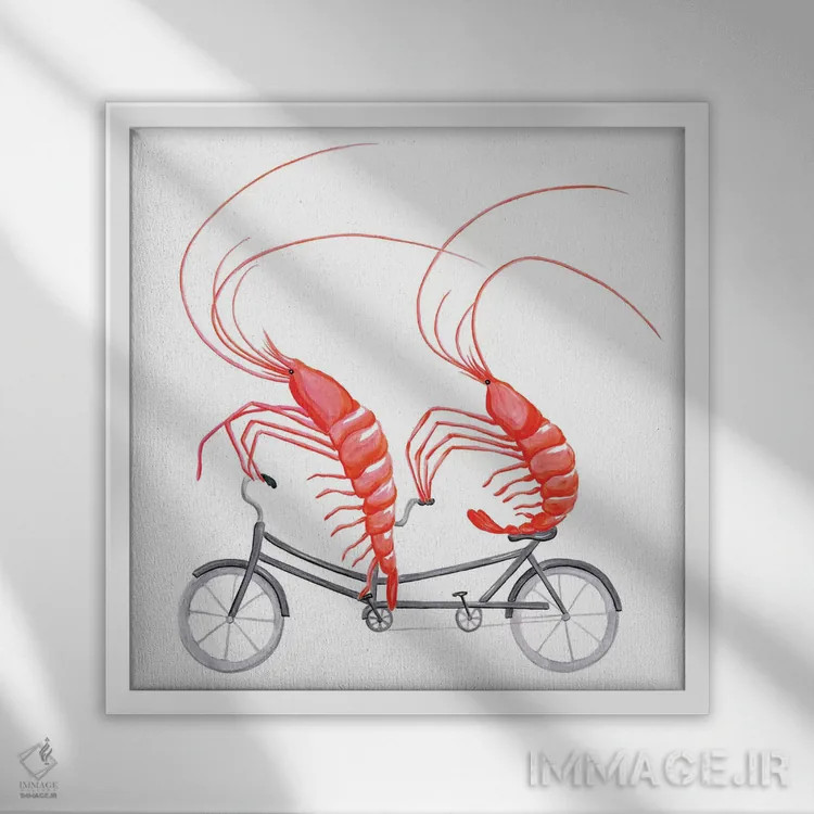 تابلو دکوراتیو میگوها روی دوچرخه اثر آملی لگو - نمای قابدار سفید