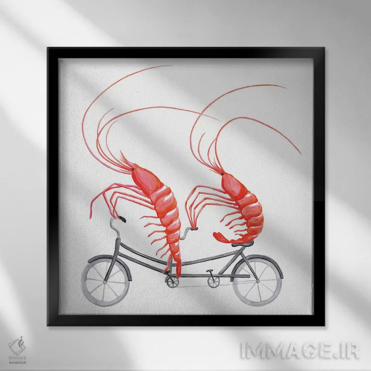 تابلو دکوراتیو میگوها روی دوچرخه اثر آملی لگو - نمای قابدار مشکی
