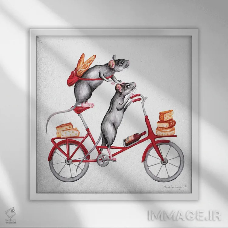 تابلو دکوراتیو موش ها روی دوچرخه اثر آملی لگو - نمای قابدار سفید