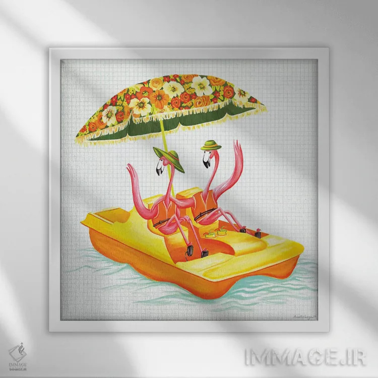 تابلو دکوراتیو فلامینگوها در قایق پدالی اثر آملی لگو - نمای قابدار سفید