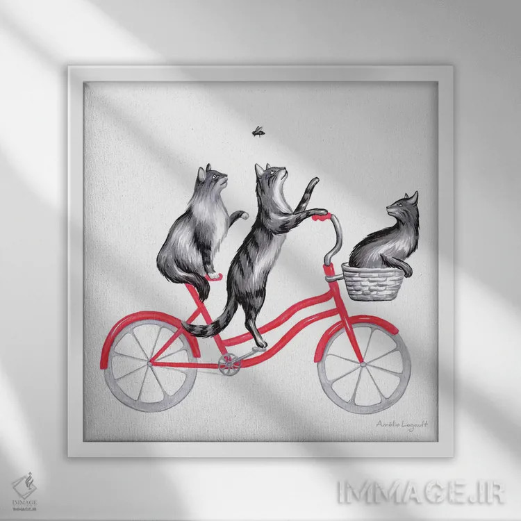 تابلو دکوراتیو گربه ها روی دوچرخه اثر آملی لگو - نمای قابدار سفید