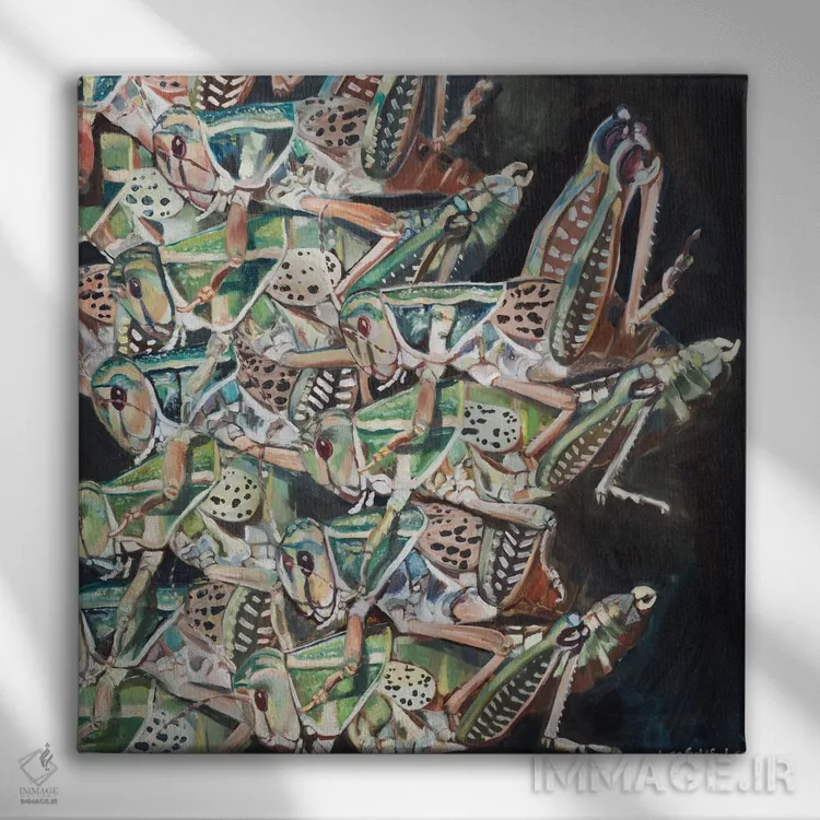 تابلو دکوراتیو تهاجم ملخ ها اثر لیزا گلدفارب - نمای روبهرو روی دیوار