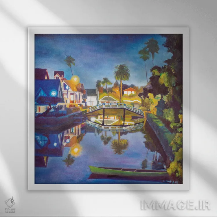 تابلو دکوراتیو شب کانال ونیز اثر لیزا گلدفارب - نمای قابدار سفید