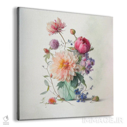 تابلو دکوراتیو دسته گل داهلیا در شیشه آبی اثر لیا مک لین - نمای پرسپکتیو محصول