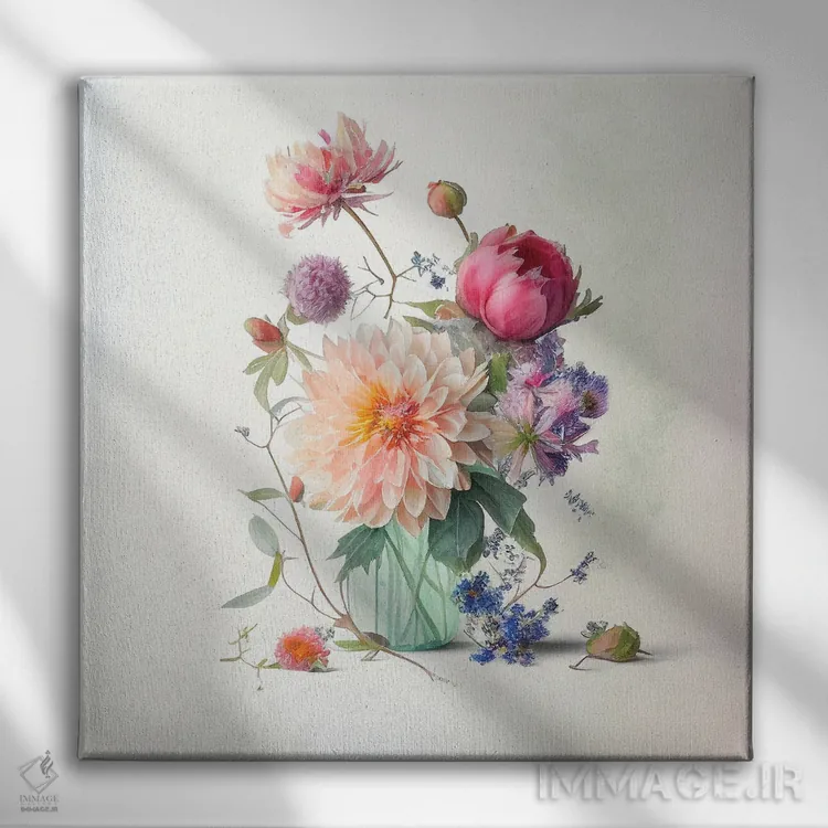 تابلو دکوراتیو دسته گل داهلیا در شیشه آبی اثر لیا مک لین - نمای روبهرو روی دیوار