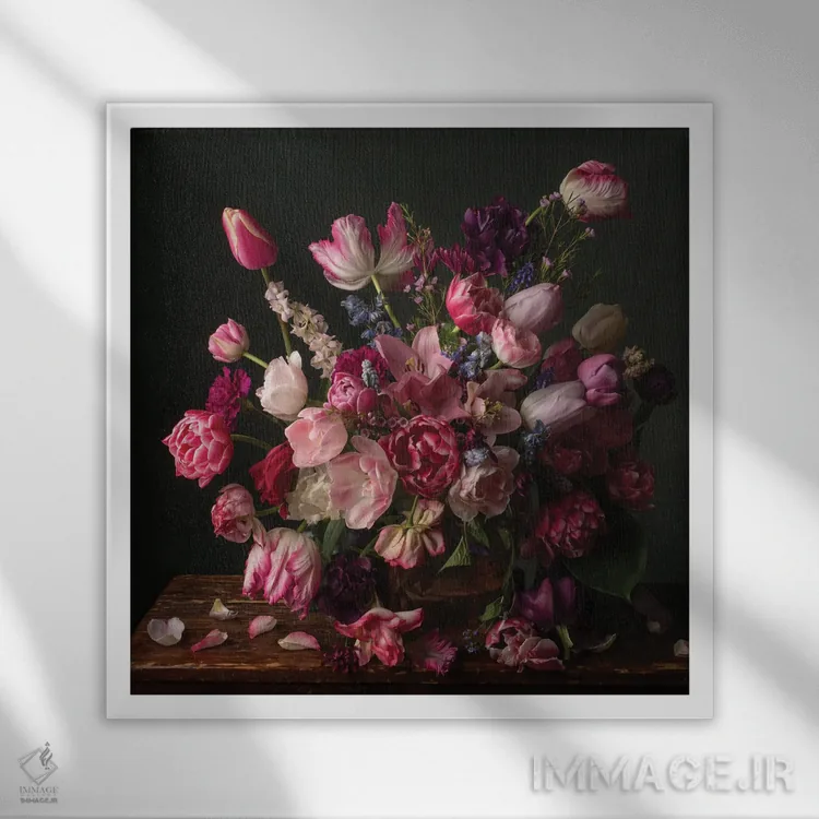 تابلو دکوراتیو شکوفه های بهاری به رنگ صورتی اثر لیا مک لین - نمای قابدار سفید