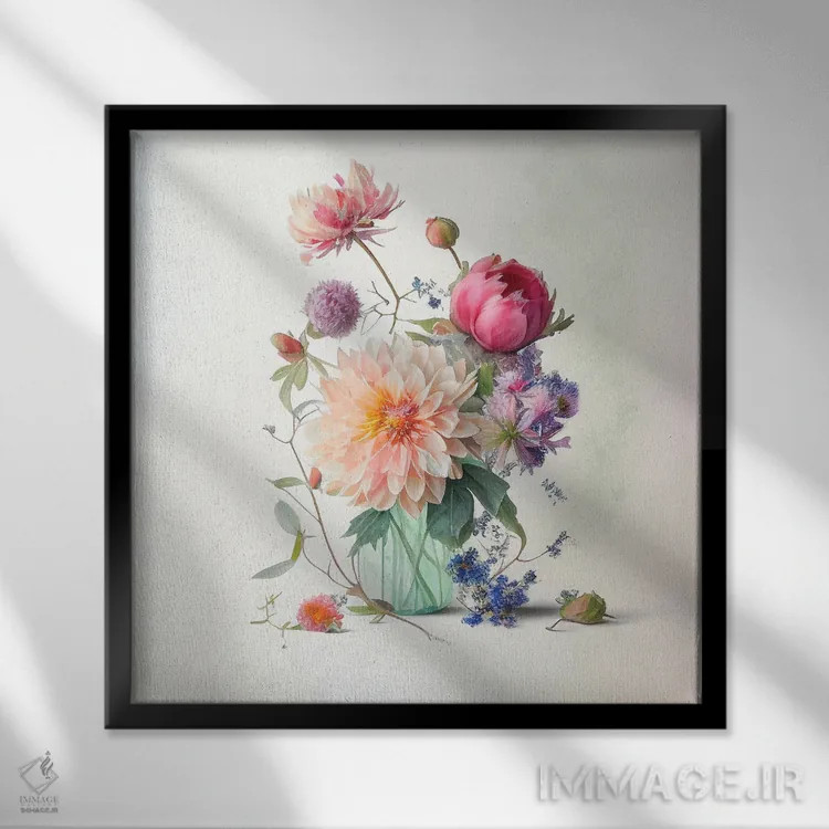 تابلو دکوراتیو دسته گل داهلیا در شیشه آبی اثر لیا مک لین - نمای قابدار مشکی