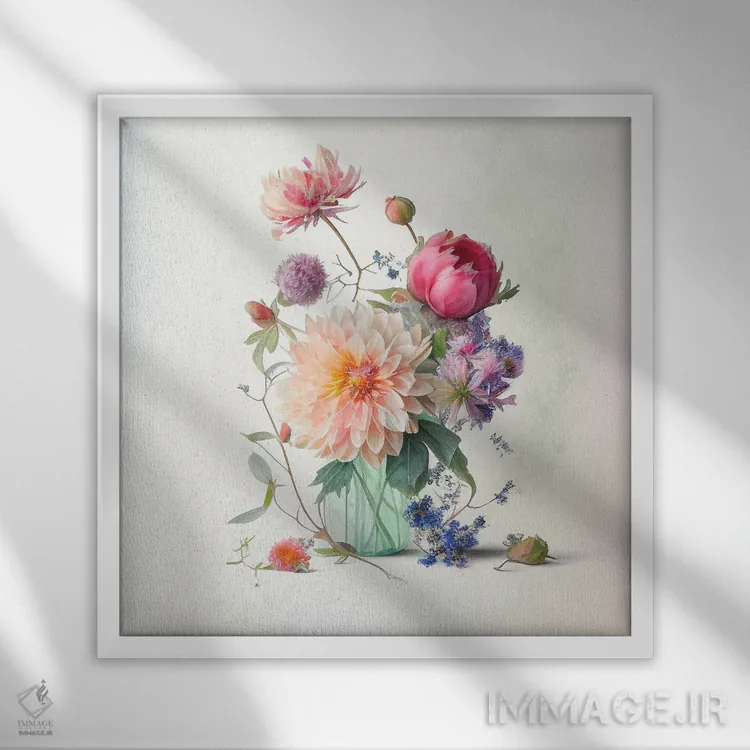 تابلو دکوراتیو دسته گل داهلیا در شیشه آبی اثر لیا مک لین - نمای قابدار سفید