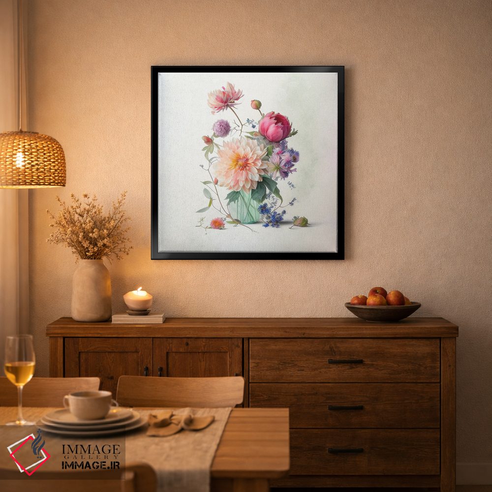 تابلو دکوراتیو دسته گل داهلیا در شیشه آبی اثر لیا مک لین - D4B
