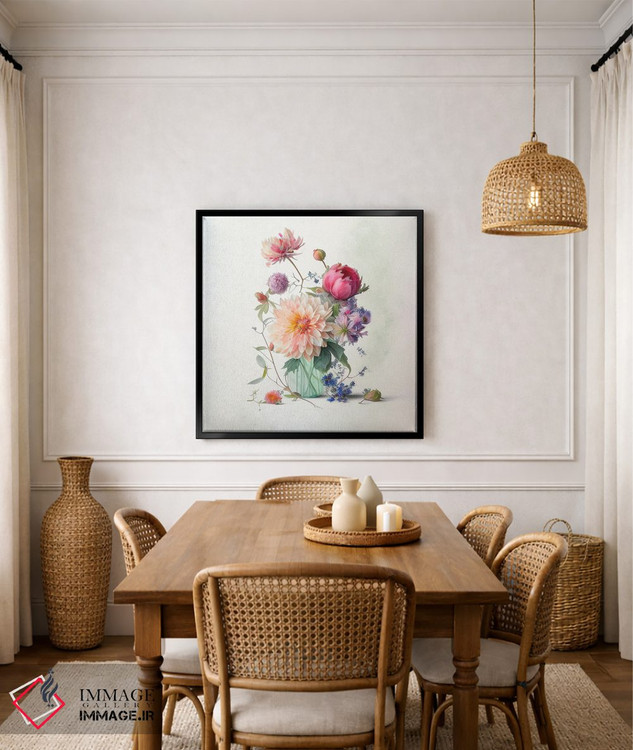 تابلو دکوراتیو دسته گل داهلیا در شیشه آبی اثر لیا مک لین - D6B