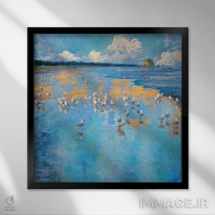 تابلو دکوراتیو مرغان دریایی کنار دریا اثر لیزا رابینسون - نمای قابدار مشکی