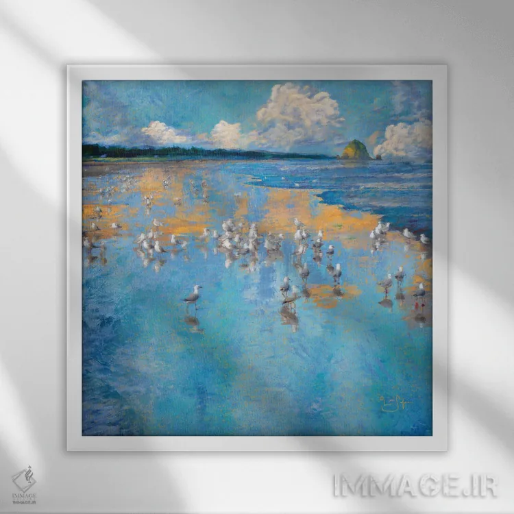 تابلو دکوراتیو مرغان دریایی کنار دریا اثر لیزا رابینسون - نمای قابدار سفید