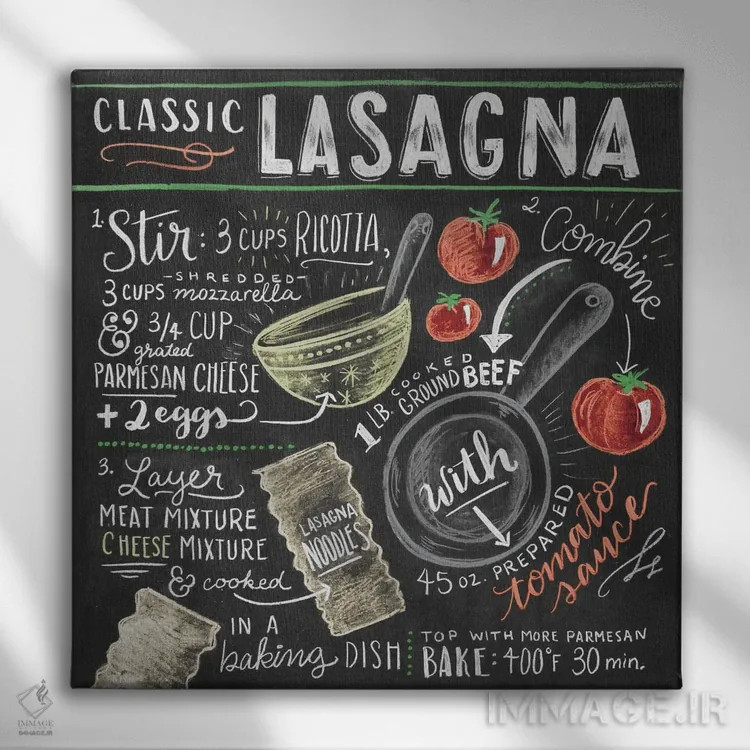 تابلو دکوراتیو دستور تهیه لازانیا اثر لیلی و ول - نمای روبهرو روی دیوار