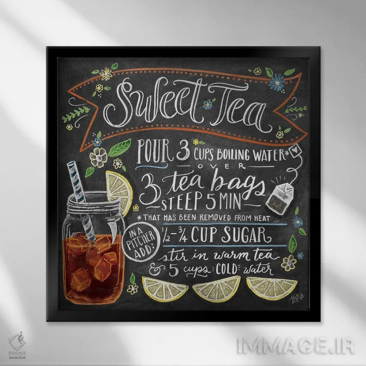 تابلو مدرن دستور تهیه چای شیرین اثر لیلی و ول - نمای قابدار مشکی