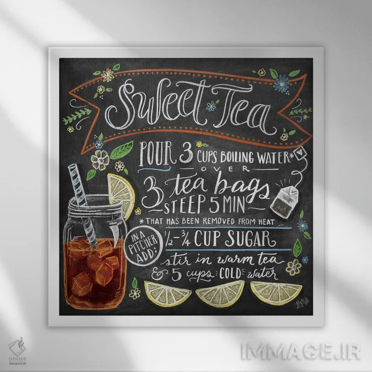 تابلو مدرن دستور تهیه چای شیرین اثر لیلی و ول - نمای قابدار سفید