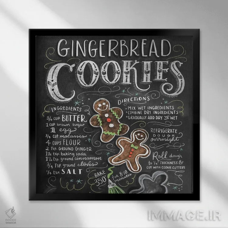 تابلو دکوراتیو دستور تهیه کلوچه زنجبیلی اثر لیلی و ول - نمای قابدار مشکی