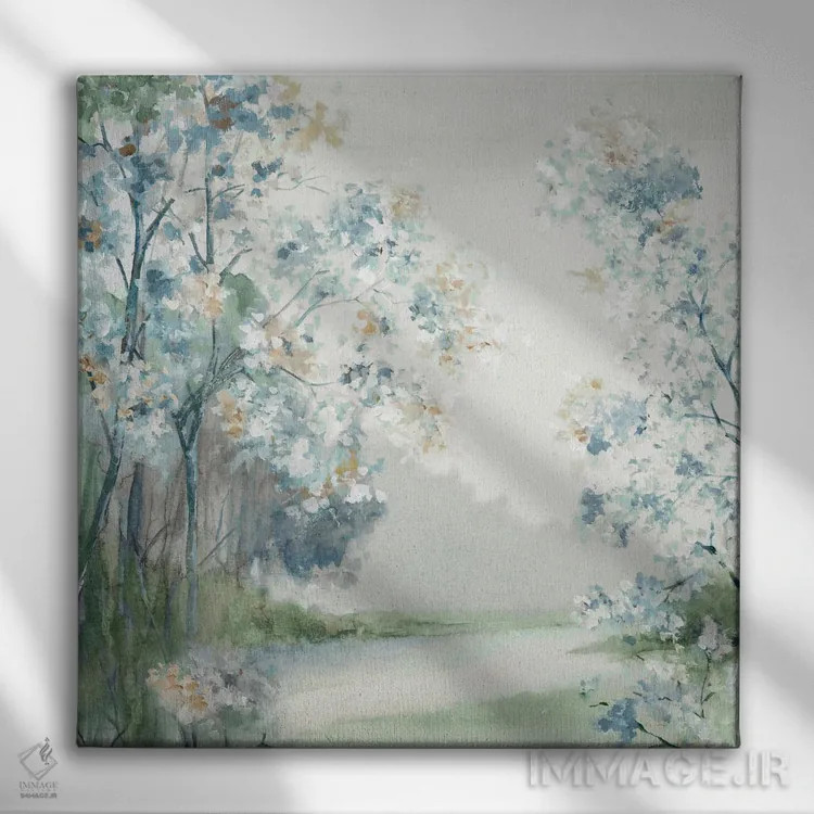 تابلو انتزاعی روشنایی جنگل آبی اثر لونا ماویس - نمای روبهرو روی دیوار