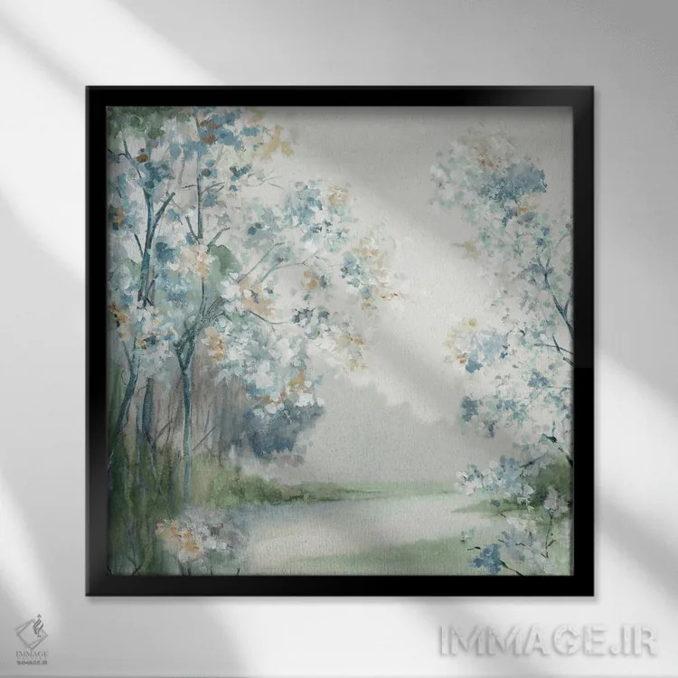 تابلو انتزاعی روشنایی جنگل آبی اثر لونا ماویس - نمای قابدار مشکی