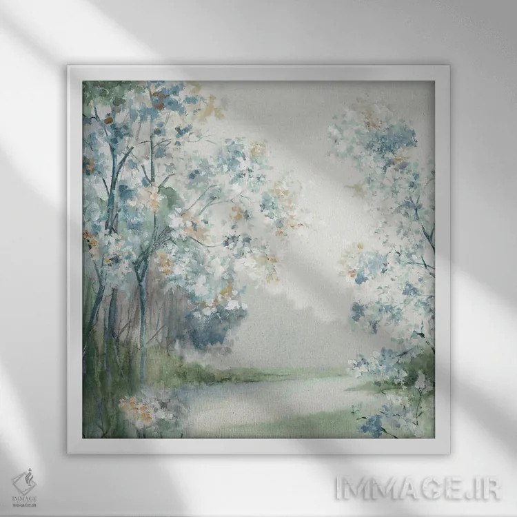 تابلو انتزاعی روشنایی جنگل آبی اثر لونا ماویس - نمای قابدار سفید