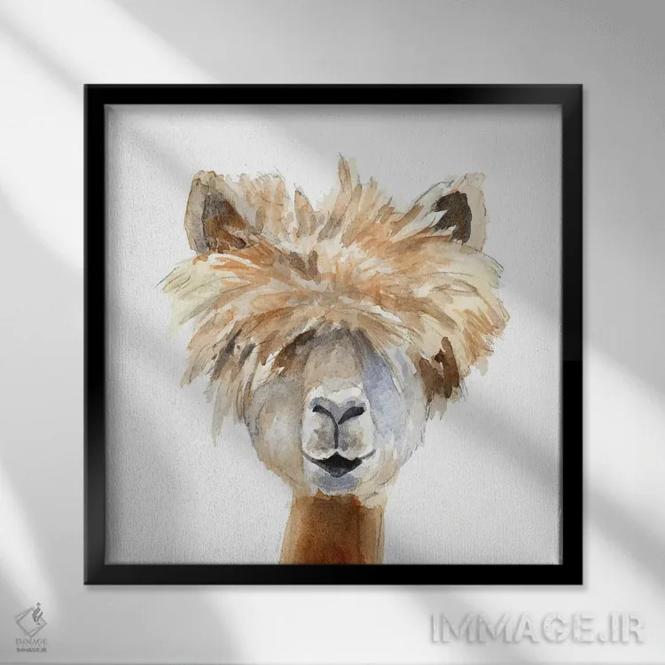 تابلو دکوراتیو لاما با چتری اثر لینی لورث - نمای قابدار مشکی